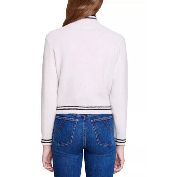 Maje Zip Up Contrast Black Stripe Cardigan Sparkle Wool Blend White Large - Picture 6 of 15